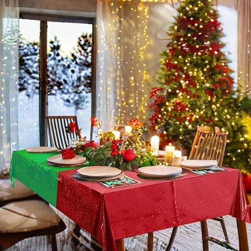 12 Pack Iridescent Red and Green Plastic Tablecloth 54x108 Inch, Holographic Laser Disposable Table Cover, Rectangle Red and Green Table Cloth for Christmas Holiday Birthday Party Decorations thumbnail 7