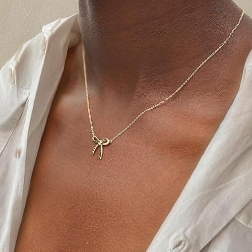 Risamil 14K Gold Plated Necklace for Women - Bow Necklace - Dainty Necklace Cute Small Tiny Bow Pendant Choker Chain Necklace Trendy Necklaces for Women Jewelry Gift thumbnail 7