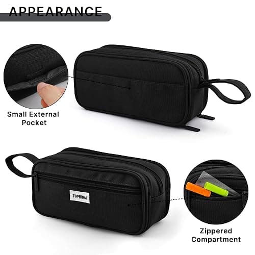TOPBIDAI Large Pencil Case Pouch for Girls Boy Women Men Adults | Big Capacity Canvas Pencil Bag, Office School Supplies, Multi Compartment Zipper Stationery Pen Box (Coal Black) thumbnail 5