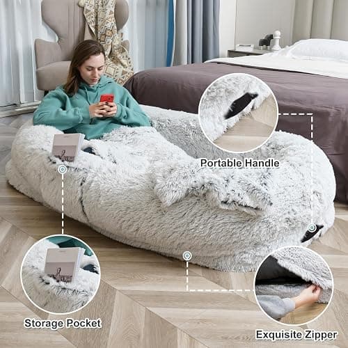 YAEM Human Dog Bed Fits You and Pets for People Doze Off, Washable Faux Fur Napping Orthopedic Dog Bed, Present Plump Pillow, Blanket, Strap-Grey, 71"x45"x12" thumbnail 2