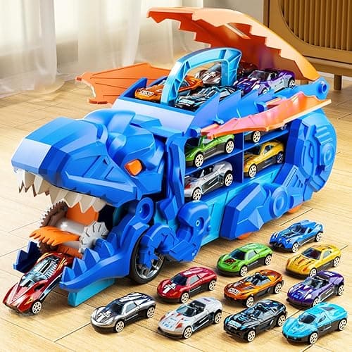 iHaHa Toddler Truck Toys for 3 4 5 6 Years Old Boys, Toys Cars Track Set Dinosaur Transporter Truck with 10 Die-Cast Car Toys, Transforms into Dino, Toddler Car Toys Set for Kids Boys Girls - Blue Dinosaur Truck thumbnail 6