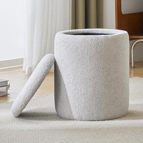 YFO Round Ottoman with Removable Lid Upholstered, Multifunctional Vanity Chairs for Makeup, Soft Footrest Stool Ottoman Foot Stool for Living Room, Bedroom, Boucle, Grey - Grey - Image 1