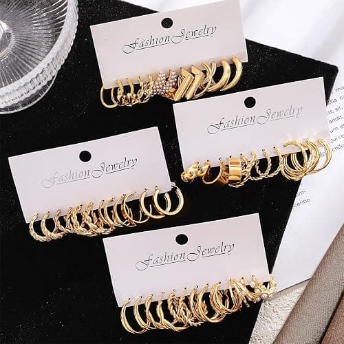 16-24 Pairs Gold Silver Black Earring Set for Women, Chunky Earring Multipack Punk Trendy Big Small Stud Hoop Earring Lightweight Twisted Pearl Ear Pack For Daily Birthday Party Gift thumbnail 5