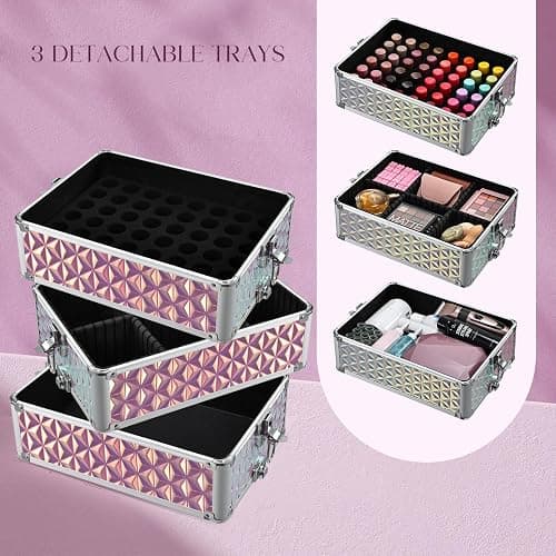 Yueieoun 5 in 1 Rolling Makeup Case, Cosmetology Case on Wheels Travel Make up Train Case Nail Cart Makeup Organizer Cosmetic Storage Box Cases Extra Large Trolley Truck with 360° Swivel Wheels, Pink thumbnail 3