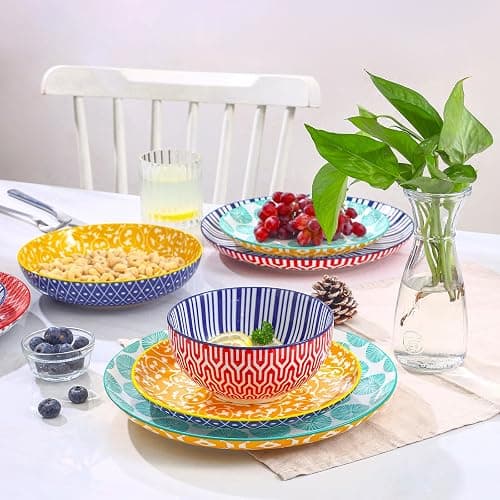 Selamica Ceramic Plates and Bowls Sets,24 Pieces Dinnerware Sets for 6,Scratch Resistant Dish Set for holiday gathering,Dishwasher & Microwave Safe, Assorted Colors thumbnail 2