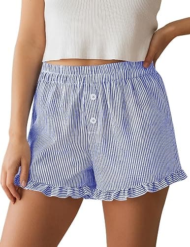 PRETTYGARDEN Womens Boxer Shorts Y2K Ruffle Pajama 2026 Summer Spring Lounge Sleep Striped Casual Beach Pj Bottoms Pockets thumbnail 4