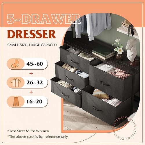 WLIVE 5 Drawer Black Fabric Dresser for Bedroom, Wide Storage Chest | Black 5-drawer wide fabric dresser with steel frame, modern storage for bedroom living room home closet thumbnail 5