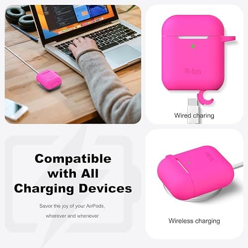 R-fun for AirPod 2nd Generation Case Cover, Soft Silicone Protective Cover with Keychain for Women Men Compatible with AirPod 2nd 1st Generation Charging Case, Front LED Visible-Rose Pink thumbnail 4