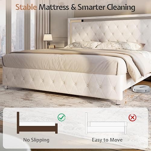Jocisland Queen Bed Frame with LED Lights Headboard&Footboard, Velvet Upholstered Queen Size Platform Bed Frame No Box Spring Needed/Cream thumbnail 7