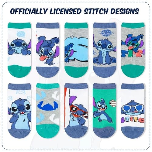 Disney Girls Socks - 10 Pack Crew Socks with Arch Support Featuring Princesses and Lilo & Stitch Designs for Ages 7-14 thumbnail 5
