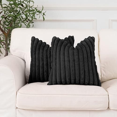 NiNi ALL Faux Fur Plush Throw Pillow Covers Black 18x18 Inch Set of 2 Decorative Soft Plush Striped Couch Pillow Cover for Sofa Cushion Cases for Couch Bed Home Decor - Image 1