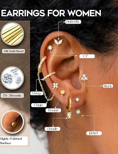 ORAZIO Small Hoop Stud Earrings Stacks for Women 14K Gold Plated Silver Huggie Hoops Cartilage Hypoallergenic Chain Cute Dangle Earrings Set for Multiple Piercings Jewelry thumbnail 5