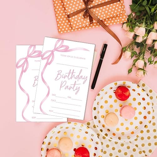 SIXEIGHT Pink Bow Birthday Invitations, Pink Ribbon Bow Birthday Party Invitations, 20 Party Invitations with Envelopes for Girls Boys, Birthday Party Favor & Decoration (4"x6")-A04 thumbnail 4