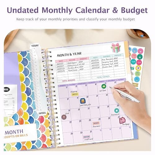 Ospelelf Budget Planner Undated, Money Expense Tracker with Pocket & Stickers, Thick Cardboard Cover, Large Pages for Spacious Writing, Original Fun Colorful Design, 12 Month Financial Notebook, Purple Floral thumbnail 4