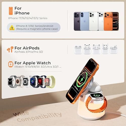 Wireless Charger 3 in 1, Magnetic Wireless Charger Stand with Night Light, 360° Rotation Portable Travel Charging Station Multiple Devices for iPhone 17/16/15/14/13/12, Apple Watch, AirPods Pro 3 thumbnail 7