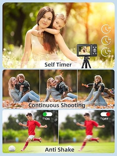 Digital Camera, Camkory FHD 1080P Kids Camera 44MP Point and Shoot Digital Cameras with 32GB SD Card, 16X Zoom, Two Batteries, Lanyard, Compact Small Camera for Kids Boys Girls - Black thumbnail 4