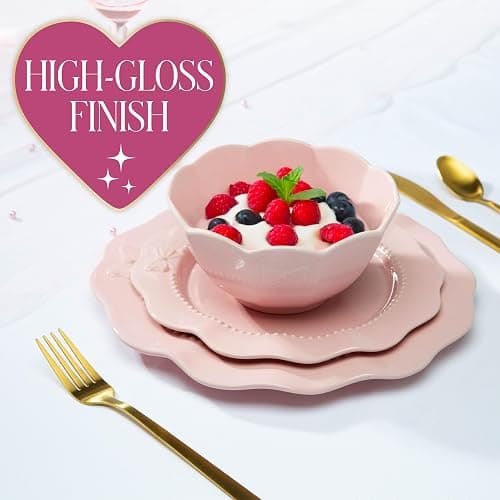 Paris Hilton 12-Piece Dinnerware Set, Embossed Bow Design, Iconic Ceramic Stoneware Service for 4 with Dinner Plates, Salad Plates, and Bowls, Microwave & Dishwasher Safe, Pink thumbnail 2