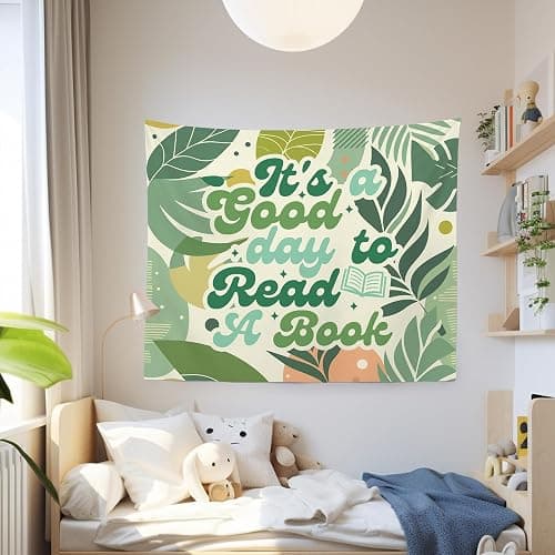 MNASAIOO It's A Good Day to Read A Book Classroom Wall Tapestry Hanging,Green Plants Leaf Reading Banner Tapestries,Boho Wall Decor for Kids Book Lovers School Library Reading Nook Corner Dorm 50x60in thumbnail 3