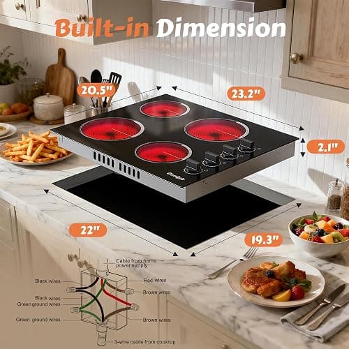 Cooksir Electric Cooktop 24 Inch - 4 Burner Built-in Electric Stove Top 6000W, Radiant Electrical Stovetop with 9 Heating Level, Knob Control, Auto Shut Off Protection, 220-240V Hard Wired (No Plug) thumbnail 4