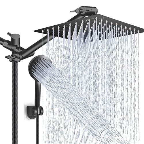 Shower Head Combo,10 Inch High Pressure Rain Shower Head with 11 Inch Adjustable Extension Arm and 5 Settings Handheld Powerful Shower Spray Against Low Pressure Water - Matte Black - Image 1