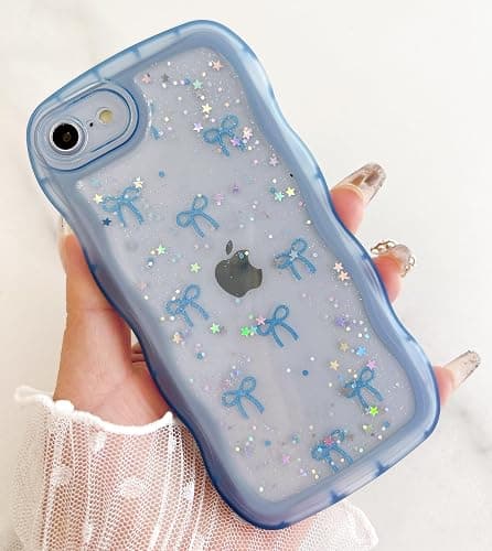Qokey for iPhone SE(2020/2022) & 8/7 Case - Glitter Star & Curved Edge Handle Grip Design, Military-Grade Shockproof Clear TPU Cover, Sparkle Protection + Scratch-Resistant, Holographic Blue Bow thumbnail 7