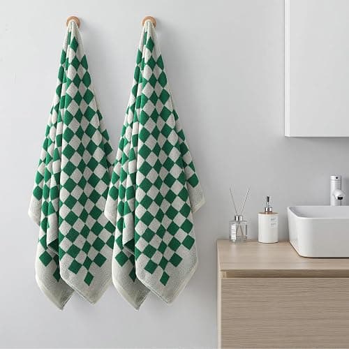 REDKISS Green Checkered Bath Towels Set - 2 Piece Large Shower Towels for Bathroom Decoration, Highly Absorbent Cotton Bath Towel of 2, Cute Checkered Shower Retro Towel for Bathroom thumbnail 6