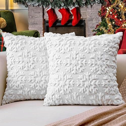 Christmas Pillow Covers 18'' x 18'' Set of 2, Soft Faux Rabbit Fur 3D Embroidery Snowflakes Throw Pillow Covers for Holiday Christmas Decor Sofa, Couch, Party, Invisible Zipper, Skin-Friendly thumbnail 3