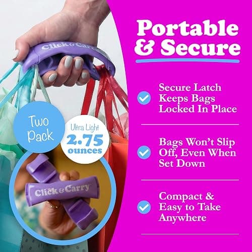 Click & Carry Grocery Bag Carrier Handle - Carry More in Fewer Trips, 100lb Capacity, Hands-Free, Gel-Padded Ergonomic Design, Shopping & Grocery Bag Holder - As Seen On Shark Tank, Purple, 2 Pack thumbnail 9