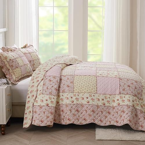Cozyholy Queen Size Quilt Set 3-Piece, 100% Cotton Patchwork Quilt, Pink Floral Reversible Shabby Chic Bedding Bedspread for All Season, Soft Quilted Blanket with 2 Pillow Shams Machine Washable thumbnail 9