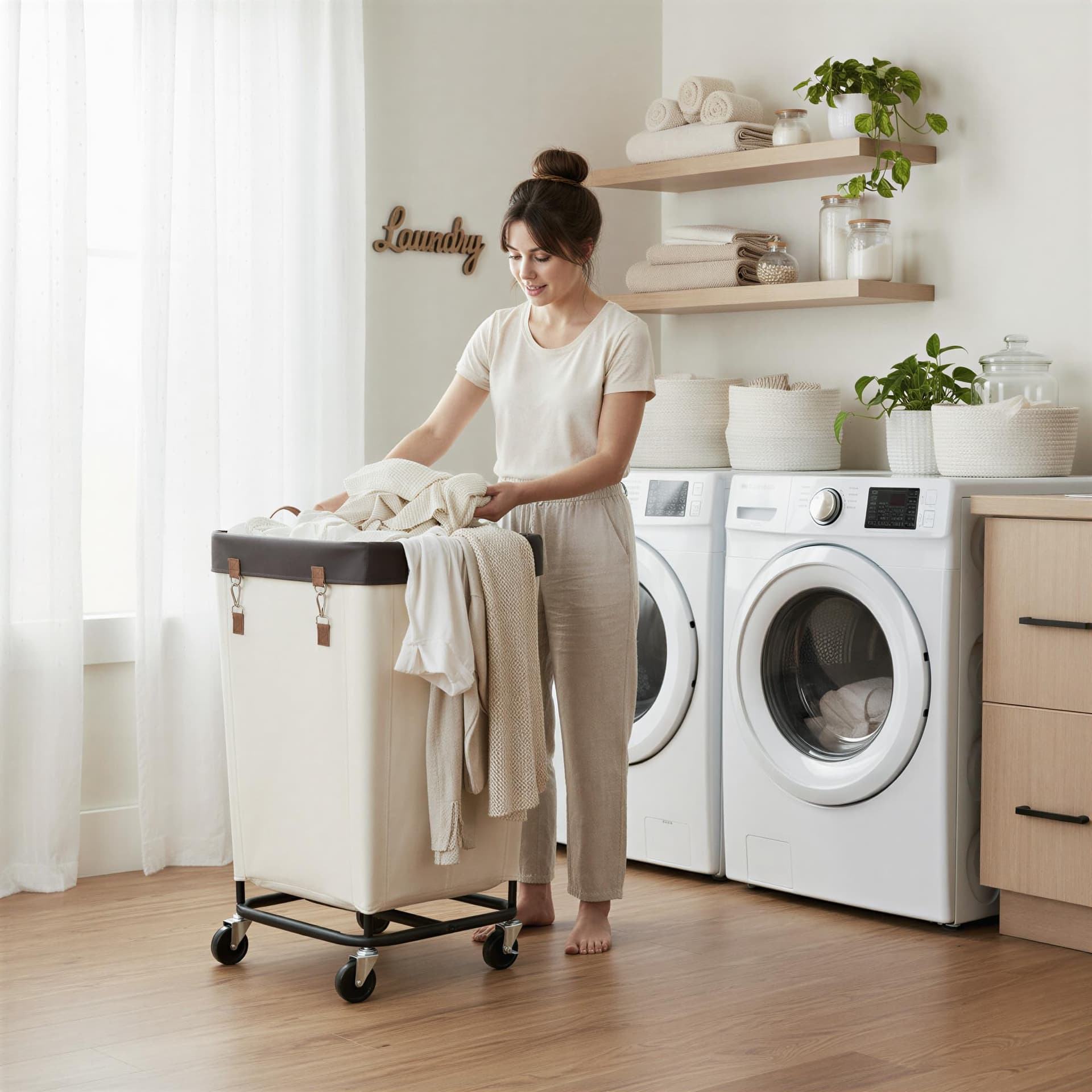 StorageWorks 160L Laundry Basket with Wheels, Large Rolling Hampers for Clothing Organizer, Dirty Clothes Basket for Hotel, Home, Closet, Dorm, Beige thumbnail 2