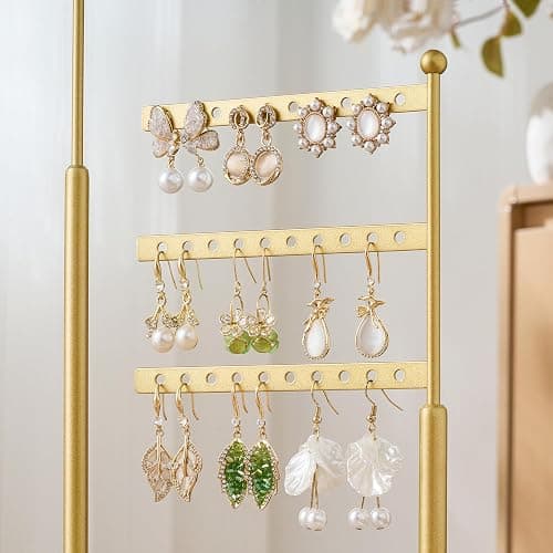 pickpiff Jewelry Organizer Holder Stand: 3 Tier Jewelry Storage Display for Necklace, Bracelet, Earring, Ring, White & Gold thumbnail 2