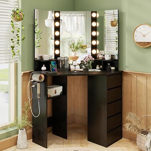 CHARMAID Corner Vanity Desk with Mirror and Lights, Black Makeup Vanity Table with 5 Drawers, Storage Shelves, Charging Station, 3 Lighting Modes, Compact Vanity Dressing Table for Small Space - Image 1