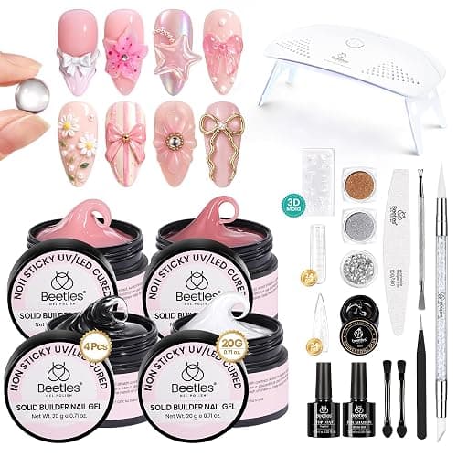 Beetles Solid Builder Nails Gel & Nail Lamp,4 Colors Clear Pink White 3D Sculpting Gel,5 in 1 Non-Sticky Hand Sculpting Extension with Dual Forms,3D Mold, Chrome Powder for Beginner Salon DIY at Home - Image 1