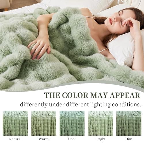 Faux Rabbit Fur Throw Blanket for Couch, Sage Green Throw Blankets 50"x60" | Cozy Reversible Fluffy Throw, Luxury Plush Thick Bubble Blanket, Mothers Gifts for Women, Soft Warm for Bed, Home Decor thumbnail 3