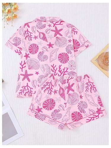 BEAUDRM Women's 2 Piece Pajama Sets Shell Print Short Sleeve Sleepwear Button Down Shirt and Bow Shorts Loungewear Pj Sets thumbnail 2