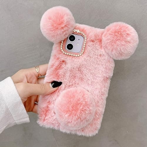 LUVI Compatible with iPhone 12 Plush Furry Case Fuzzy Fluffy Ball Rabbit Faux Fur Hair Cute Cartoon Bear Ear with Bling Glitter Diamond Camera Protection Cover Luxury Fashion Case Pink thumbnail 2