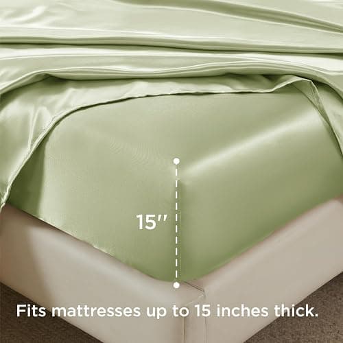Bedsure Satin Sheets Queen Size - 4 Piece Silky Bedsheets with 15 Inches Deep Pocket Fitted Bedsheet,1 Flat Sheet, 2 Satin Pillowcases, Good for Hair & Skin (Queen, Sage Green) thumbnail 2