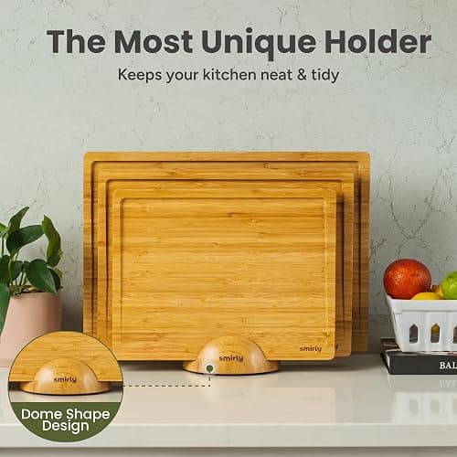 SMIRLY Bamboo Cutting Boards for Kitchen - Wood Cutting Board for Meal Prep, Serving, Charcuterie - Kitchen Gadgets, House Warming Gifts - Wooden Chopping Board Set of 3 with Holder - Natural Bamboo thumbnail 5