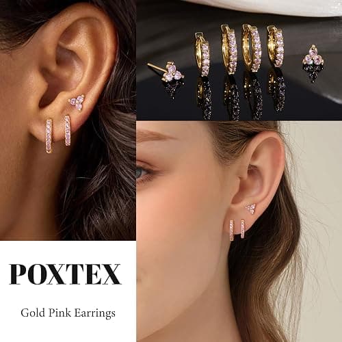 Poxtex Small Hoop Earrings for Women, Diamond Shamrock Stud Huggie Cartilage Earrings Set for Multiple Piercing, 3 Pairs Trendy St Patricks Holiday Jewelry Gifts thumbnail 3