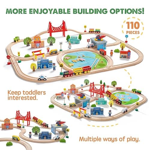 Tiny Land 110PCS Wooden Train Set, Toy Train with Tracks | Compatible with Major Brands, Ideal Railway Playset for Boys and Girls, Great Birthday Gift for Kids Ages 3-7 thumbnail 3