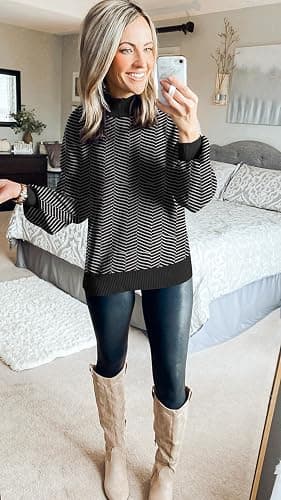 ZESICA Women's 2025 Fall Fashion Turtleneck Long Sleeve Striped Ribbed Knit Loose Pullover Sweater Tops thumbnail 6