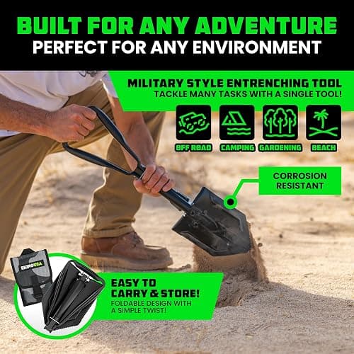 RHINO USA Folding Survival Shovel w/Pick - Heavy Duty Carbon Steel Military Style Entrenching Tool for Off Road, Camping, Gardening, Beach, Digging Dirt, Sand, Mud & Snow. thumbnail 6