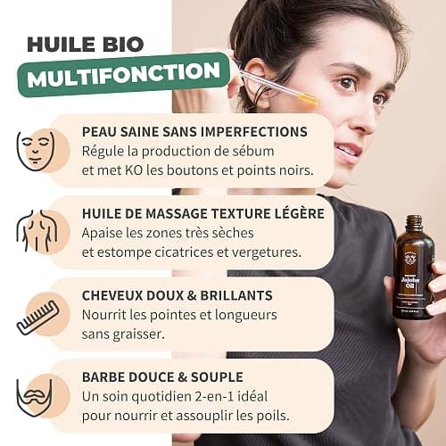 BIONOBLE Huile de Jojoba Bio Pressée à Froid 100% Pure - Équilibre le Sébum, Adoucit, Anti-Acné - Huile Jojoba Cheveux, Visage et Corps - Vegan Oil - Flacon Verre avec Pompe et Pipette - 50ml thumbnail 3