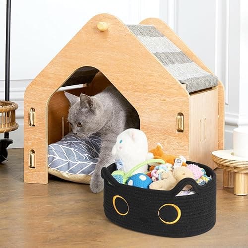 WILLITAT Black Cat Toy Basket, Small Woven Cat Toy Storage Box with Cute Ears Handle Indoor, Cotton Rope Storage Bin with Embroidered Face for Halloween Decor, Pet Bed, Nursery Kids Room Organization thumbnail 2