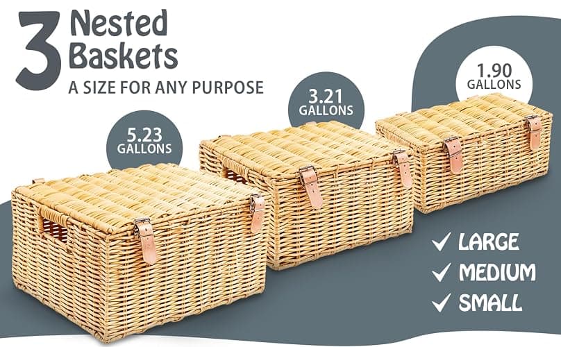 Wicker Storage Baskets with Lids – Set of 3 (Large, Medium, Small) for Organizing Clothes, Toys, Books – Cute Organizer Stackable Basket with Lid for Bedroom, Nursery, and Home Decor thumbnail 5