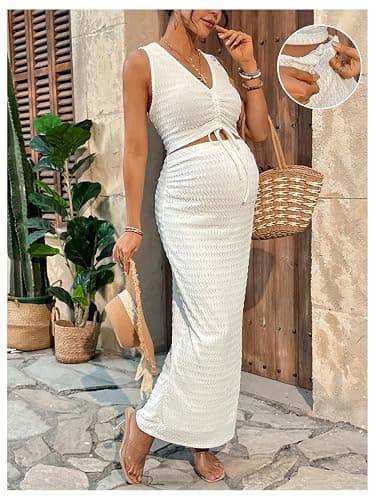 Milumia Women's Maternity 2 Piece Outfits Tank Top Bodycon Maxi Skirt Sets | Pregnant Dress Summer Outfit, Textured, Drawstring Tie Knot, Going Out, Maternity Photoshoot Outfits thumbnail 6