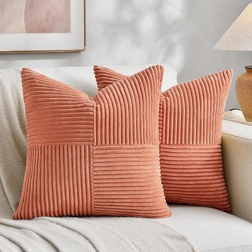 Fancy Homi 2 Packs Coral Decorative Throw Pillow Covers 18x18 Inch for Living Room Couch Bed, Rustic Farmhouse Boho Home Decor, Soft Corss Corduroy Patchwork Textured Peach Cushion Case 45x45 cm - Image 1