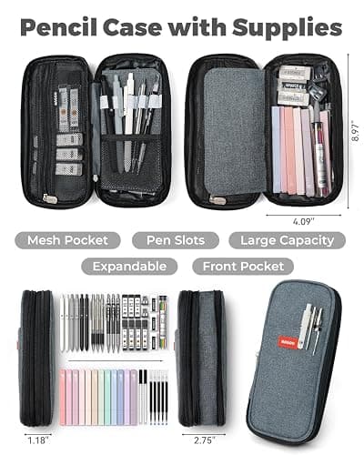 Four Candies 45PCS Stationery Supplies Set, Pencil Case with 6 Gel Pens, 6 Mechanical Pencils, 12 Highlighters, School Essentials (Black) thumbnail 3