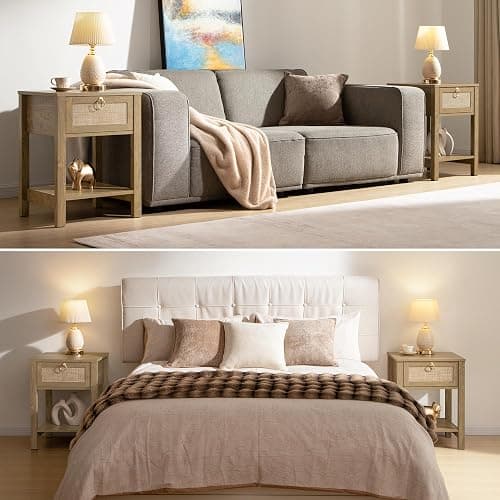 SICOTAS Rattan Nightstand Set of 2, Rattan Decor Drawer with Brass Knobs Night Stand Bedside Table Boho End Tables Side Tables with Storage Shelf for Bedroom,Small Space thumbnail 6