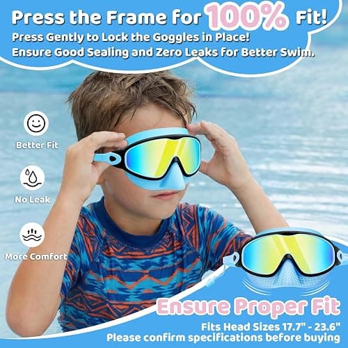 Vvinca Swim Goggles, Kids Goggles with Earplugs& Nose Clip Wide View Anti-Fog/UV Swimming Goggles for Age 3-15 Boys Girls thumbnail 3